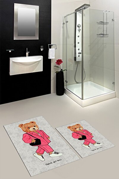 EY HOME طقم سجادة حمام مزدوجة منقوشة على شكل دمية دب رقمية مطبوع قابلة للغسل ...