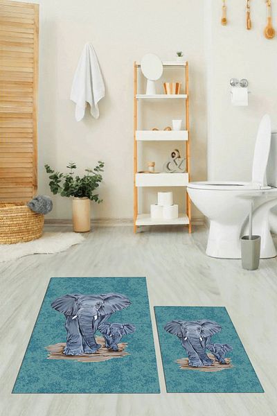 EY HOME Set de scaune de toaletă pentru covor de baie dublu, lavabil digital, modern, cu model de elefant, KLZT-33-ALBASTRU,