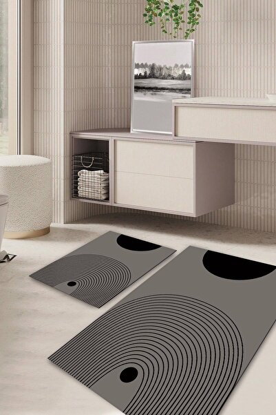 Kilimteks Modern Patterned Non-Slip Base Washable Set of 2 Bathroom Carpet Ma...