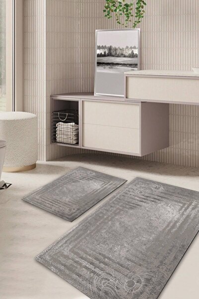 Kilimteks Modern Desenli Kaymaz Taban Yıkanabilir 2'li Set Banyo Halısı Paspa...