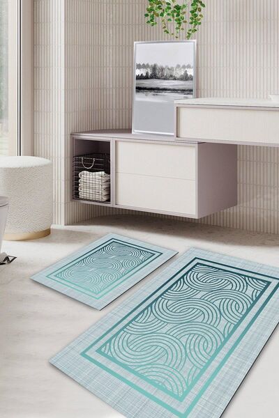 Kilimteks Modern Patterned Non-Slip Base Washable Set of 2 Bathroom Carpet Ma...