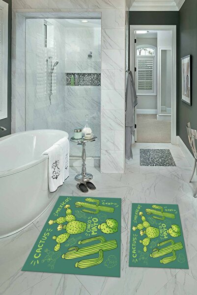 Kilimteks Digital Print Pcs Non-Slip Washable Cactus Double Bathroom Set Toil...