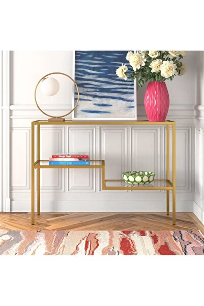 tino furniture Vatikan Gold Metal Cam Raflı Dresuar Konsol