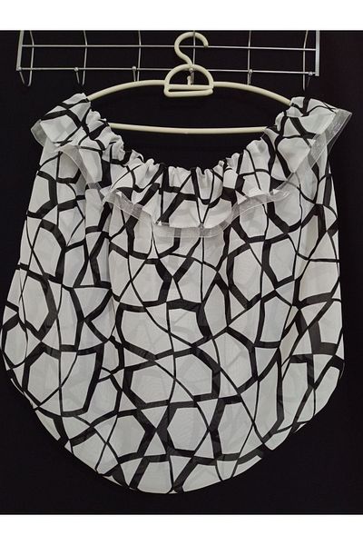 KobalBusiness 145 cm Wide - Cage Tulle, Black and White Patterned White Organza Ribbon Detailed Tulle