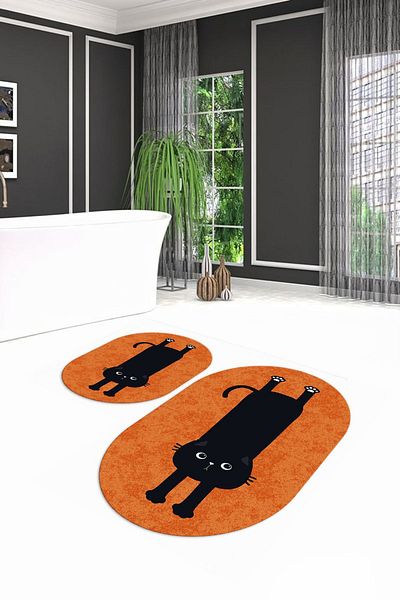 Alkilim طقم حمام بيضاوي رقمي غير قابل للانزلاق وقابل للغسل على شكل قطة، N-O-KLOZET-39-ORANGE،