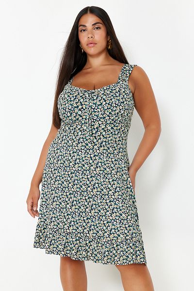 Trendyol Curve Colorful Floral Print Mini Summer Dress with Bow - Tbbss24Ah00127