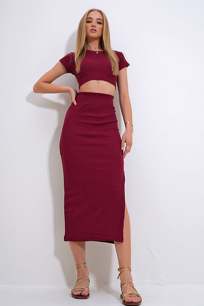 Trend Alaçatı Stili Claret Red Crop Blouse and Slit Skirt Set - Crew Neck ALC-X12202