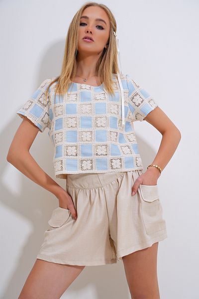 Trend Alaçatı Stili Blue Guipure Blouse - Crew Neck, Crocheted Motif, ALC-X12382