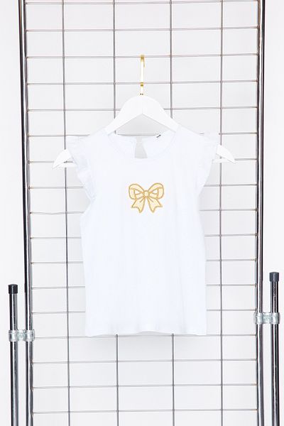 TRENDYOLKIDS Weißes Mädchen-T-Shirt mit Bandmuster und Rüschenärmeln aus Baumwolle mit kurzen Ärmeln TKDSS24TS00006