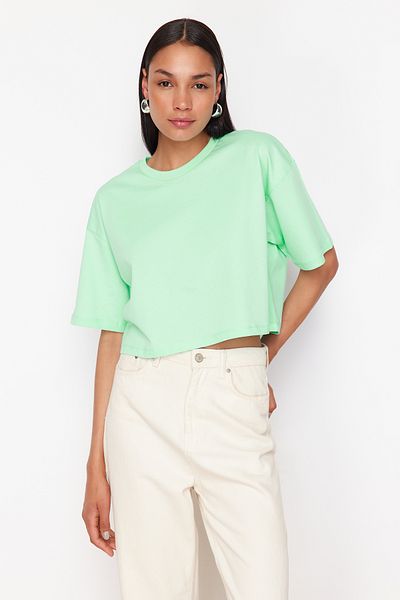 Trendyol Collection Pletené tričko Premium Mint Color Crop – 100% bavlna TWOSS23TS00038