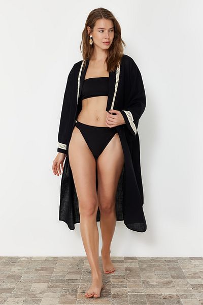 Trendyol Collection Black Belted Maxi Woven Ribbon Accessory Kimono&Kaftan TBESS24KM00055