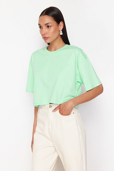 Trendyol Collection Pletené tričko Premium Mint Color Crop – 100% bavlna TWOSS23TS00038