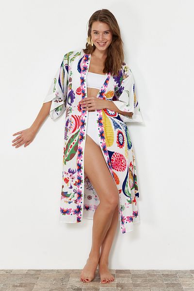 Trendyol Collection Kimono și caftan 100% bumbac țesut midi cu curea cu model etnic TBESS22KM0023
