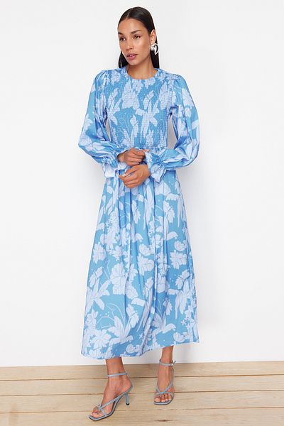 Trendyol Modest Μέγεθος ελαστικό μπλε φλοράλ εμπριμέ φόρεμα - TCTSS24EB00109