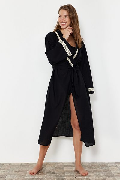 Trendyol Collection Black Belted Maxi Woven Ribbon Accessory Kimono&Kaftan TBESS24KM00055