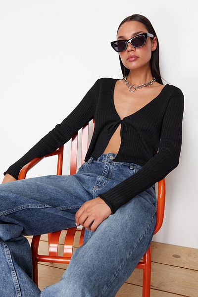 Trendyol Collection Black Lacing Detailed Openwork Thin Knitwear Cardigan TWOSS24HI00016