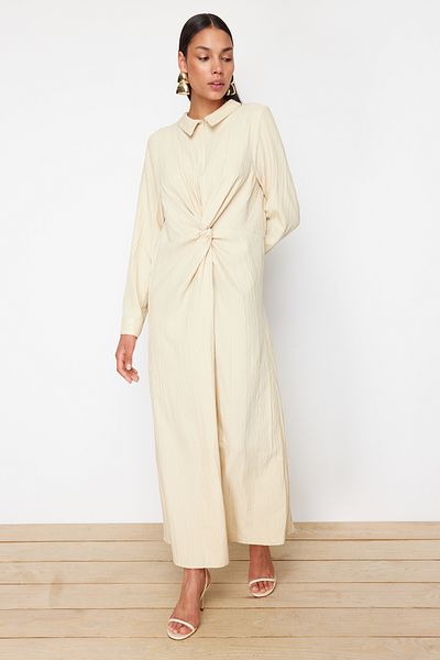 Trendyol Modest Μπεζ μπροστινό υφασμένο φόρεμα με κόμπο και φερμουάρ TCTSS23EB00137