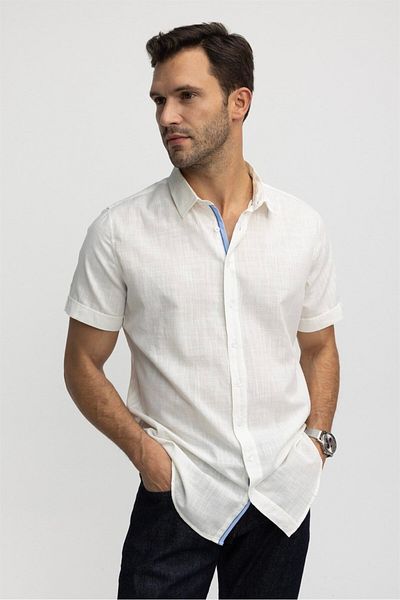 Tudors White Slim Fit Short Sleeve 100% Cotton Linen Shirt - Pocketed