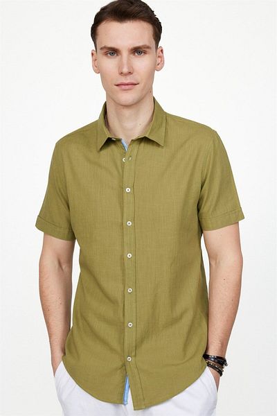 Tudors Πουκάμισο Khaki Slim Fit - 100% βαμβάκι, κοντό μανίκι, με τσέπη