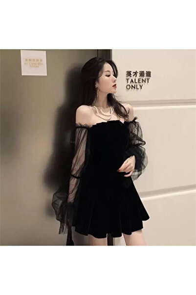 Köstebek Lace Detailed Black Tulle Sleeve Dress