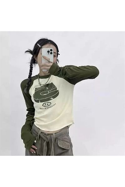 Köstebek Long Sleeve Khaki Crop - Retro 5 Printed