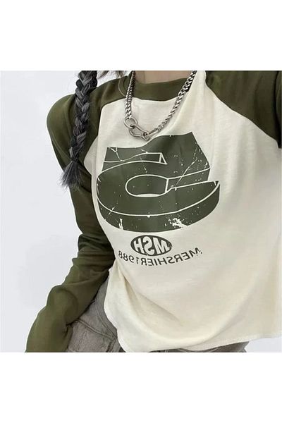 Köstebek Long Sleeve Khaki Crop - Retro 5 Printed