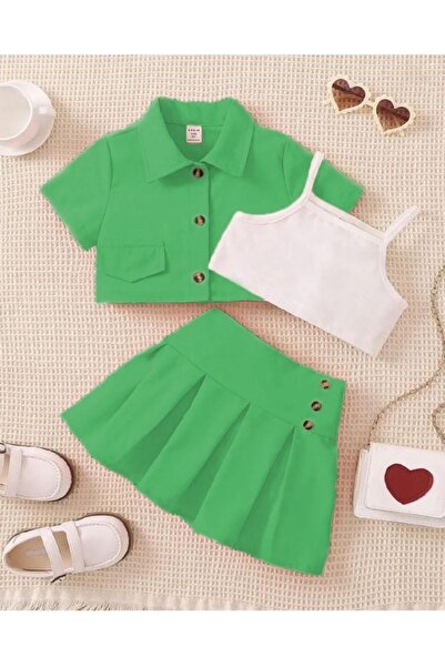 EsareModa Girl's Jacket Crop Skirt Buckle Set Skirted Suit 4 Pieces