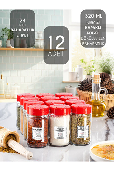 LUX ET AMOR 12'li Kımızı Kapaklı Ve Etiketli Baharatlık Seti 320 ml Etiketli ...