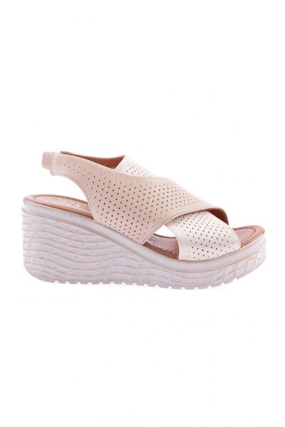 DGN Beige Genuine Leather Women's Sandals with High Wedge Sole and Cross Lase...