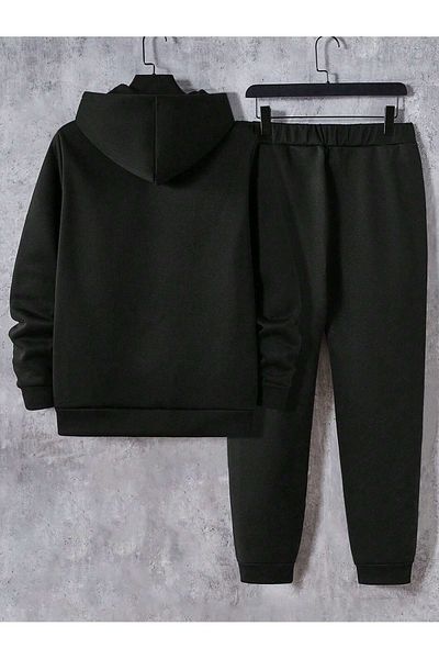 DAXİS Sportwear Company Printed Unisex Bottom Top Combination Black Tracksuit Set - Hooded Sweatshirt Sweatpants Jogger