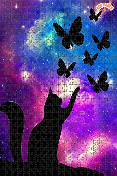 Teona Ahşap Kelebekli Kedi Dekoratif Çift Katlı Çerçeveli Asılabilir Ahşap Pu...