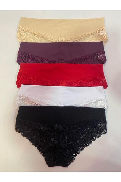 Miss Blue Moon Waist Fabric Belted Lace Brazilian Panties 5 Pcs 3130