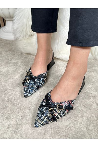 İmerShoes Pantofi de damă ocazional, colorați, negru, gros, cu toc scurt, cu dungi duble, tricotați cu paie, cu cataramă reglabilă 457