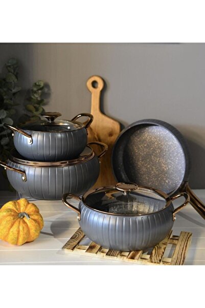 OMS MERIDIAN - 3528 - 7 Parça, Bio Granit, Tencere, Tava, Çeyiz Seti, Antrasit Gövde, Bakır Detay