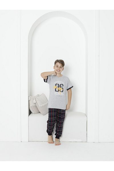KAPİKİDS Boy's Gray Plaid Melage Color Pajama Set - Long Crew Neck, Short Sleeve