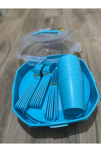 Üçsan 32 Parça 6 Kişilik Kilitli Çantalı Plastik Piknik Seti Yuvarlak Tabak