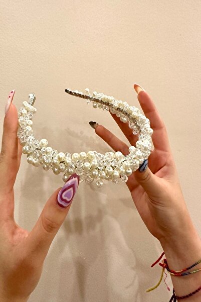 alsaccessories El Işlemesi Incili, Boncuklu Beyaz Renk Gelin Tacı, Saç Tacı, ...