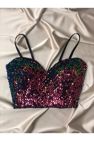 Miss Monalisa Moda Çok Renkli Payet Crop Astarlı Korse Detaylı Büstiyer