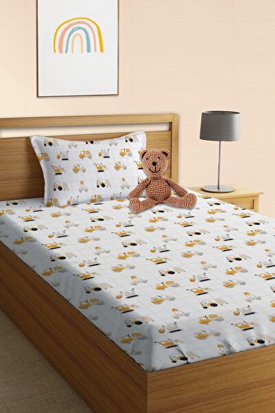 Evmila Araba Desen Baskılı Tek Kişilik Ve Bebek Boy Lastikli Çarşaf Seti Beyaz