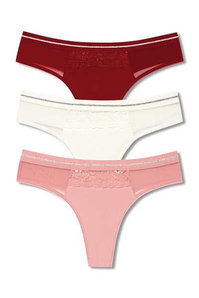 HNX 3-Piece Interlock Fabric Women's Thong Panties with Lace and Tulle Detail