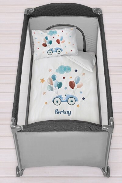 Homamia Isme Özel 75x120 Park Yatak Beşik Nevresim Takımı Mavi Araba