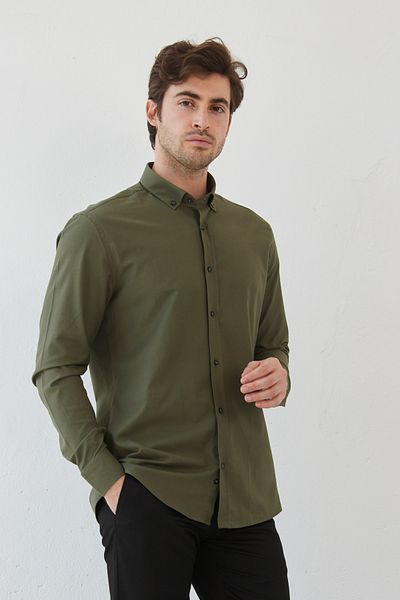 RAVANELLI Cămașă pentru bărbați - kaki închis, slimfit, bumbac, guler Oxfort Lycra, cu nasturi, mânecă lungă G490