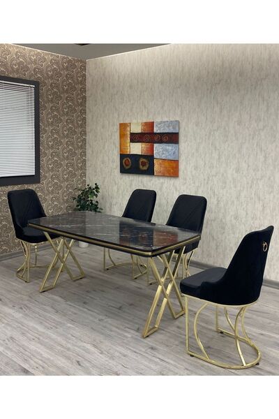 BY ORHAN GÜZEL Mutfak Masası Takımı, 6 Kişilik Mutfak Masası Takımı Siyah Mer...