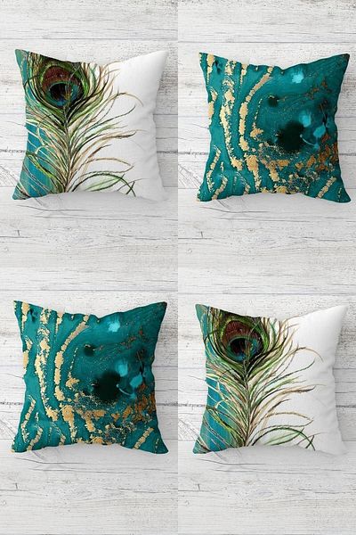 on the clouds Peacock Feather and Gold Tie-Dye Transition Hidden Zipper Throw Pillow Cover Sofa Pillow Cover Set (4pcs)