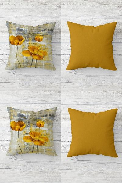 on the clouds Yellow Poppy and Plain Throw Pillow Set - Hidden Zipper, 4 Seats and Pillowcases