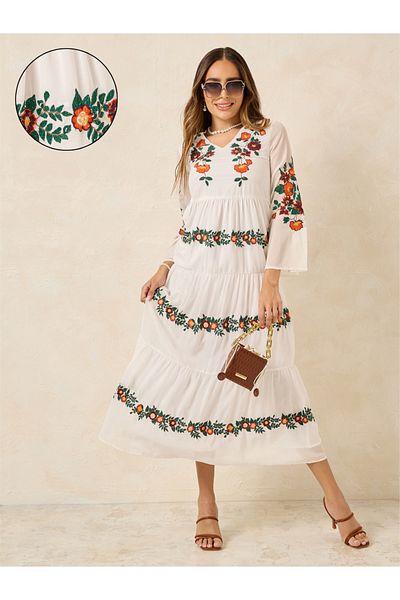 Styli Embroidered V Neck Tiered Midi Dress
