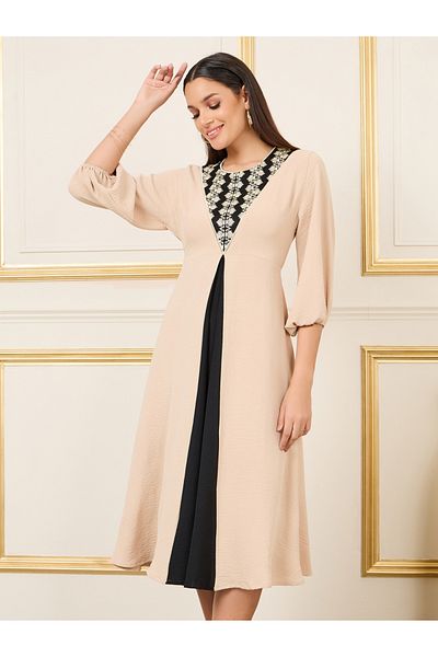 Styli Embroidered Colorblock A-Line Midi Dress