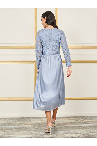 Styli Lace Detail Satin Plisse A-Line Midi Dress