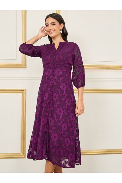 Styli Burnout Texture Lace Ladder Button Detail Midi Dress