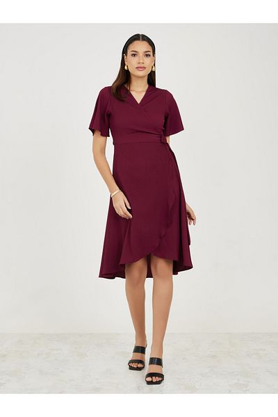 Styli Textured Angel Sleeves Wrap Midi Dress